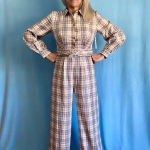 Aura Tan Plaid Wide Leg Pant Jumpsuit romper NWT, size 8-10 medium